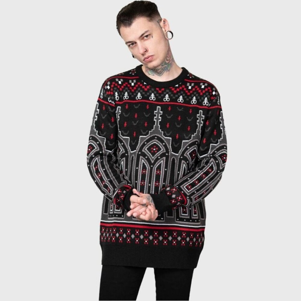 Killstar Black, Red & Gray Gothic Cathedral Knit Sweater - Picture 12 of 13